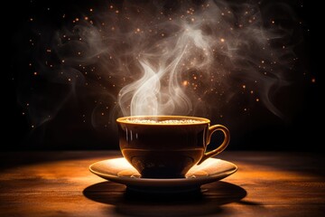 Banner with black hot coffee cup and golden smoke on wooden table. Mug with steaming smoke on dark background with golden lights, glittering sparkles and bokeh. Warm, light atmosphere. Magic mourning - obrazy, fototapety, plakaty