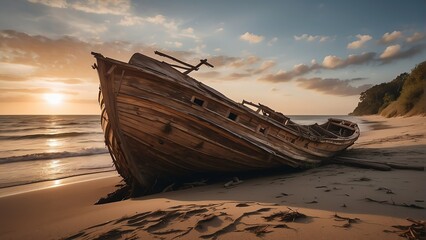 A wooden boat wreck on the side of a beach at sunset from Generative AI