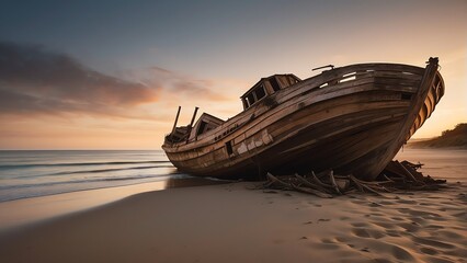 A wooden boat wreck on the side of a beach at sunset from Generative AI