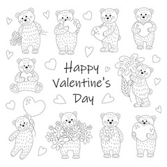Set of teddy bears with flowers and hearts. Line drawing. Doodles for Valentine's Day.