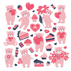 Pink bears with hearts, flowers and sweets. Cute set for Valentine's Day.