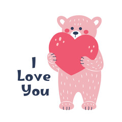 Pink teddy bear and heart. Postcard for Valentine's Day. Flat style.