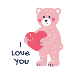 Pink teddy bear and heart. Postcard for Valentine's Day. Flat style.