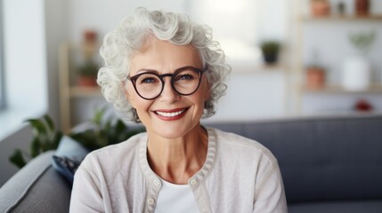 Fototapeta na wymiar Close-up portrait of Smiling middle aged mature grey haired woman looking at camera, sitting on sofa in living room. A successful smiling happy businesswoman wearing glasses in retirement.