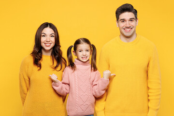 Young sad fun parents mom dad with child kid girl 7-8 years old wear pink knitted sweater casual clothes point index finger on mother and father isolated on plain yellow background Family day concept - obrazy, fototapety, plakaty