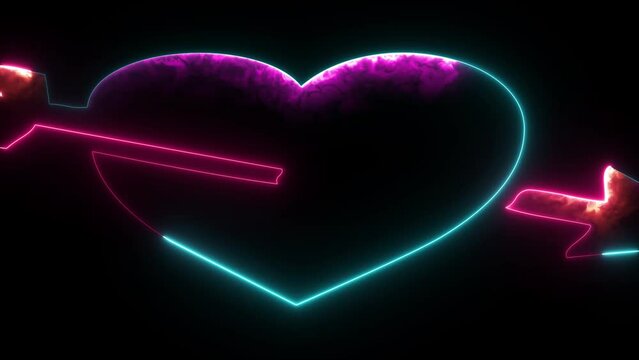 Glowing neon love icon with cupid arrow. Modern 3d heart shape on black background. Romantic silhouette, love target, passion , sign, victor, illustration. Modern valentines day symbol.