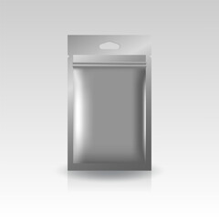 Silver foil, plastic, paper flat zip lock bag with triangle hang hole for products. Isolated on gradient gray background. Ready to use for package design. Realistic vector illustration.