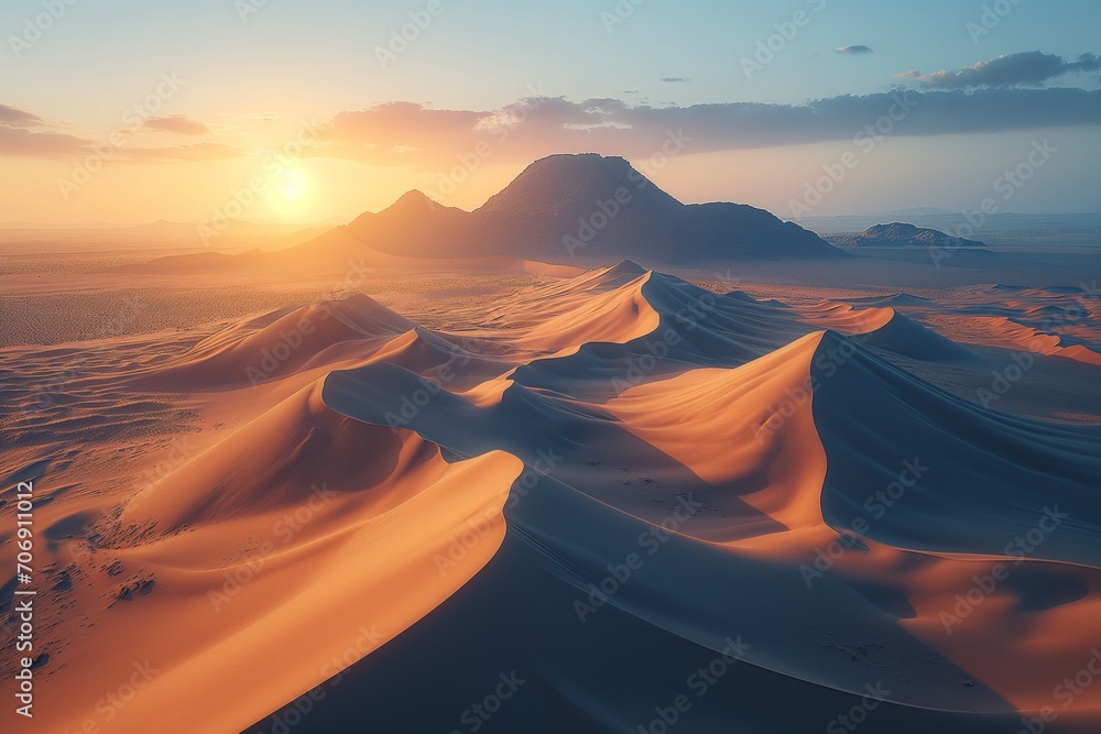 Wall mural ai generated illustration of a breathtaking aerial view of monumental sand dunes at sunset. - Wall murals