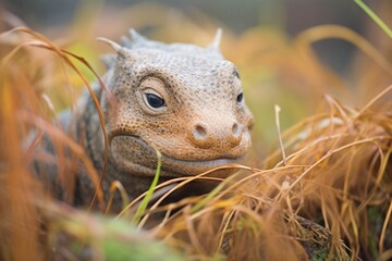 komodo dragon camouflaged in brushwood