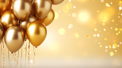 Celebration party banner with gold balloons on bright background