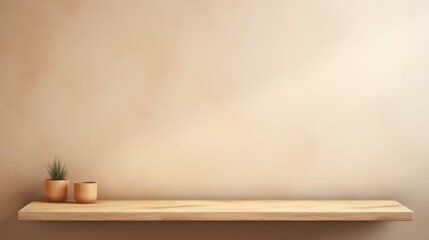 beige background for presentation with a wooden shelf on the wall