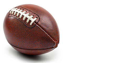 The American football ball lies on the left in the frame on a white background. Place for the text on the right