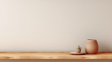 Fototapeta na wymiar beige background for presentation with a wooden shelf on the wall