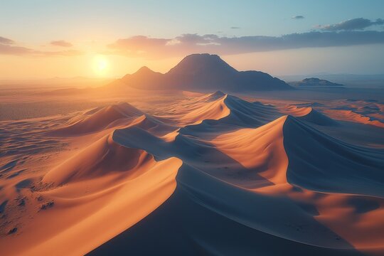 AI generated illustration of A breathtaking aerial view of monumental sand dunes at sunset.