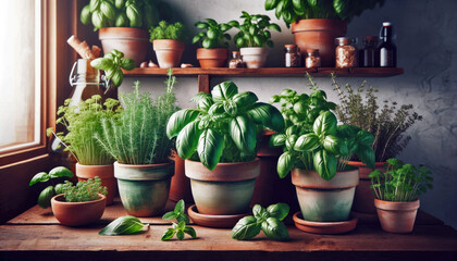Fototapeta na wymiar A variety of fresh herbs like basil and mint. Indoor Herb Garden on Rustic Wooden Shelves 