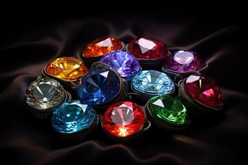 Jewel on black shine color, Collection of many different natural gemstones amethyst, lapis lazuli, rose quartz, citrine, ruby, amazonite, moonstone, labradorite, chalcedony, blue topaz