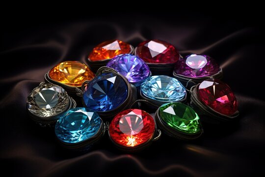 Jewel on black shine color, Collection of many different natural gemstones amethyst, lapis lazuli, rose quartz, citrine, ruby, amazonite, moonstone, labradorite, chalcedony, blue topaz