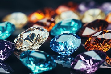 Diamond on black shine color, Collection of many different natural gemstones amethyst, lapis lazuli, rose quartz, citrine, ruby, amazonite, moonstone, labradorite, chalcedony, blue topaz
