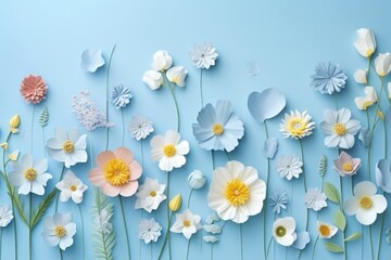 tulips and daffodils on a blue background, fresh flowers with stems on blue background in spring