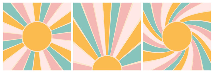 A set of vintage psychedelic rainbow backgrounds with the sun. Retro backgrounds of pastel colors. Vector