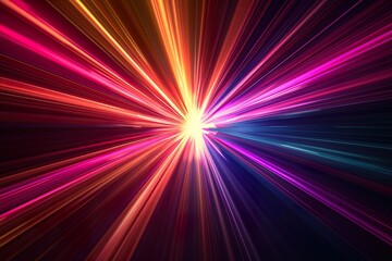 Abstract dark background of light with stripes of colourful rays moving from the center