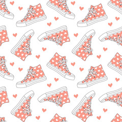 Seamless pattern with cute retro sports sneakers. Vintage texture for textile, wrapping paper. Cartoon background. Vector
