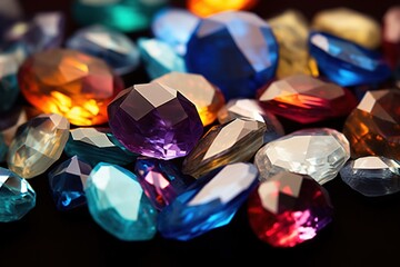 Jewel on black shine color, Collection of many different natural gemstones amethyst, lapis lazuli, rose quartz, citrine, ruby, amazonite, moonstone, labradorite, chalcedony, blue topaz