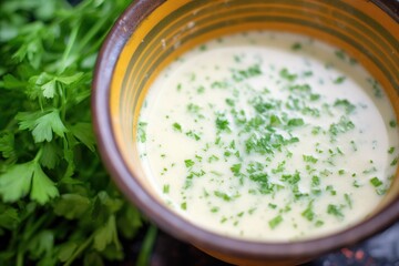 close-up of bisque with parsley flakes on surface
