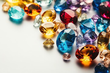 Jewel on black shine color, Collection of many different natural gemstones amethyst, lapis lazuli, rose quartz, citrine, ruby, amazonite, moonstone, labradorite, chalcedony, blue topaz