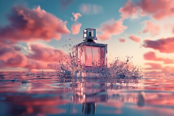 A bottle of luxury perfume with splashes against the sky. Modern style perfume template