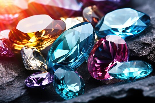 Jewel on black shine color, Collection of many different natural gemstones amethyst, lapis lazuli, rose quartz, citrine, ruby, amazonite, moonstone, labradorite, chalcedony, blue topaz
