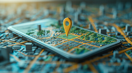 Geofencing technology. A stylized, miniature city model with a large geo pin prominently placed - obrazy, fototapety, plakaty