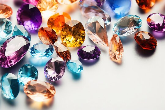 Jewel on black shine color, Collection of many different natural gemstones amethyst, lapis lazuli, rose quartz, citrine, ruby, amazonite, moonstone, labradorite, chalcedony, blue topaz