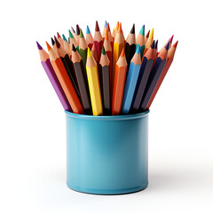 Set of multicoloured Pencils in holder isolated on white background, school stationary items