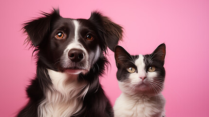 cute black and white dogs and cat on a pink background