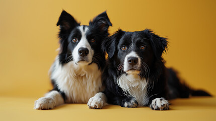 cute black and white dogs on a yellow background