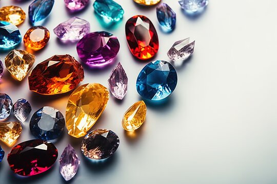 Jewel on black shine color, Collection of many different natural gemstones amethyst, lapis lazuli, rose quartz, citrine, ruby, amazonite, moonstone, labradorite, chalcedony, blue topaz
