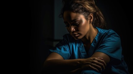 Tired Nurse Experiencing Burnout After Long Night Shift. - obrazy, fototapety, plakaty