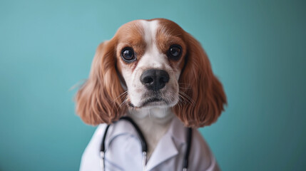 Dog in white coat sitting on blue background. Concept of medical car
