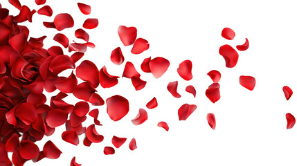 falling red valentines rose petals on transparent isolated png background