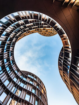 Looking up at Axel Towers, an iconic mixed-use office building designed by Lene Tranberg from the firm Lundgaard & Tranberg Arkitekter