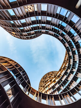 Looking up at Axel Towers, an iconic mixed-use office building designed by Lene Tranberg from the firm Lundgaard & Tranberg Arkitekter