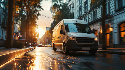 Fast van driving in the big, modern city. Delivery concept - obrazy, fototapety, plakaty