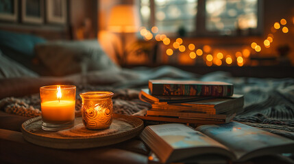 Home decor of a light cozy bedroom interior with a burning scented candle and books and magazines on the bedside table on a blurred bed background. Relaxation and comfort concept - obrazy, fototapety, plakaty