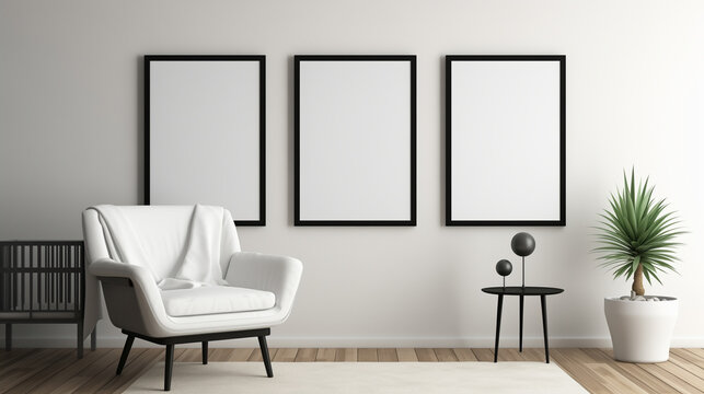 Realistic modern baby room, white with wall, black empty black frame
