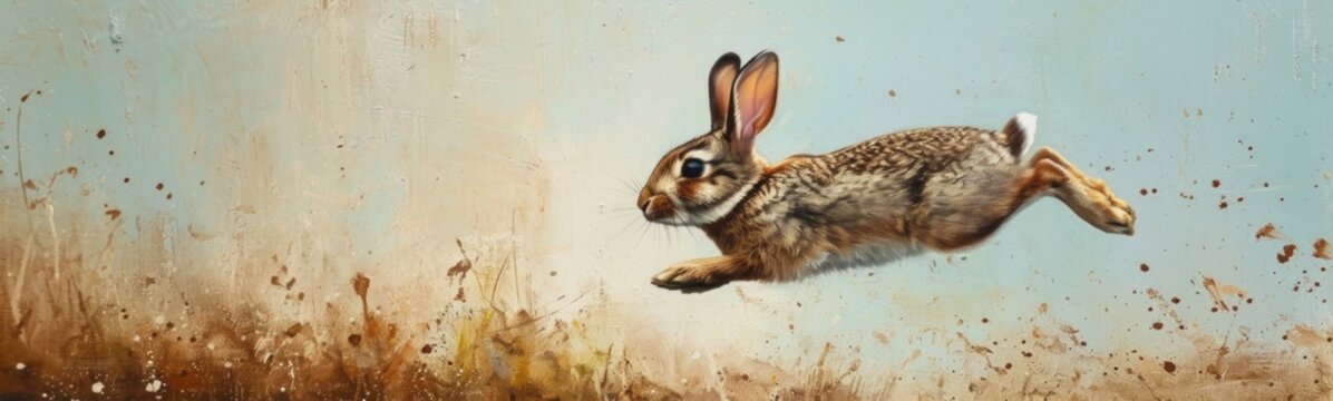 Bunny bouncing. Animal background. Banner