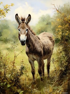 Brown Donkey in the Serene Farm Landscape