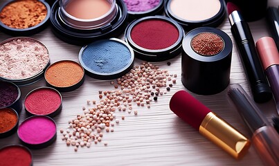 Makeup brushes and cosmetics on the table. Makeup background.