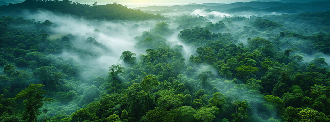 A green forest with fog