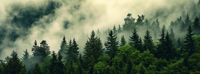 Un bosque frondoso verde con niebla - obrazy, fototapety, plakaty